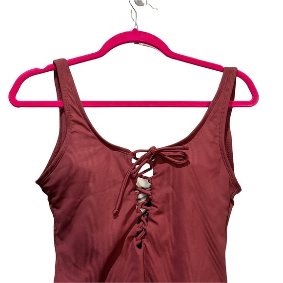 Xhilaration One Piece Maroon lace up front Bathing Suit in Size Small - Picture 5 of 8